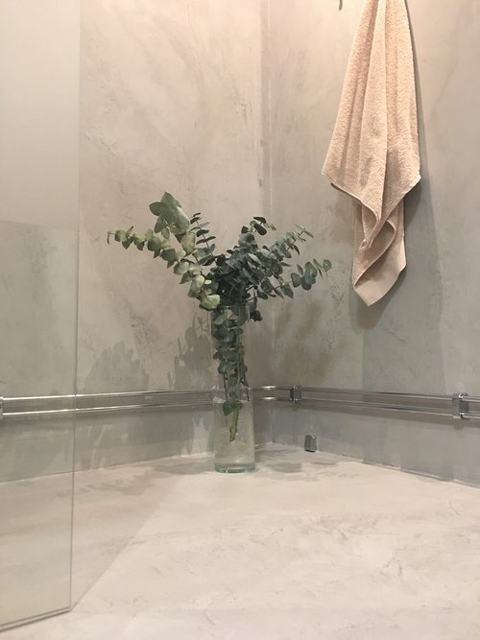 Bild på kakel i ett badrum med en grön växt